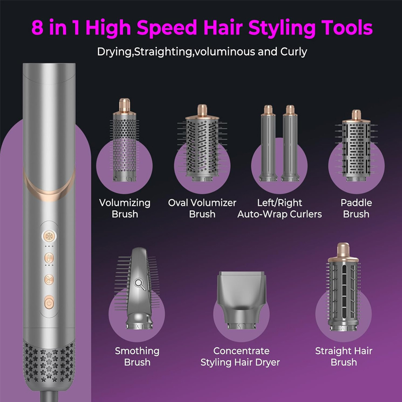 8 in 1 Hair Dryer Brush, Air Styling Tools Wrap 110000 RPM High Speed Ionic Blow Dryer Brush Set, 1400 Watt Ions Hot Air Brush, Left&Right air Curler, Volumizer, Thermal Brush, Hair Straightener Brush
