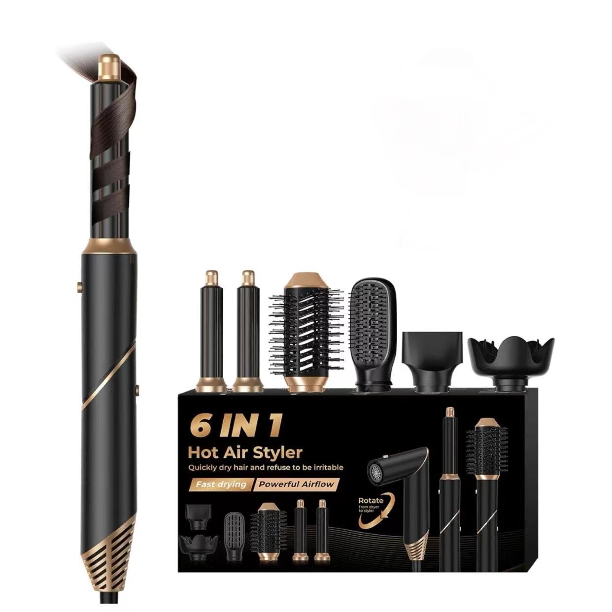6 in 1 Blow Dryer Brush, Hair Dryer with Diffuser for Curly Hair, Negative Ionic Hair Dryer Brush Set, Air Curling Iron Air Styler, Brush Blow Dryer Straight, Volumize, Drying Hair Styling Tool
